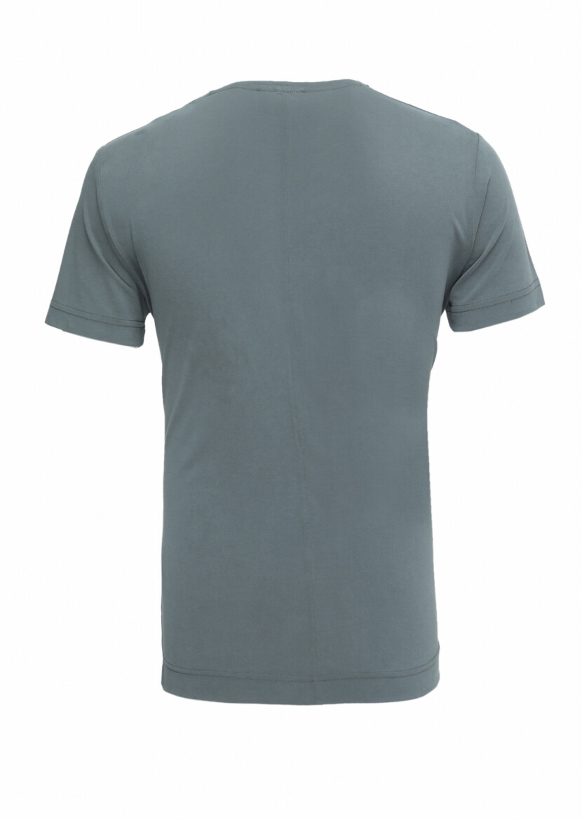 Haki Düz Bisiklet Yaka %100 Pamuk T-Shirt - 3