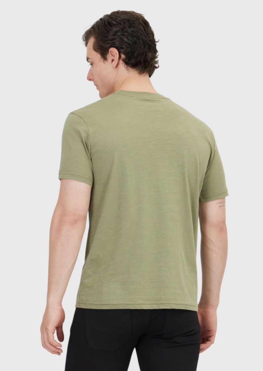 Haki Düz Bisiklet Yaka %100 Pamuk T-Shirt - 5