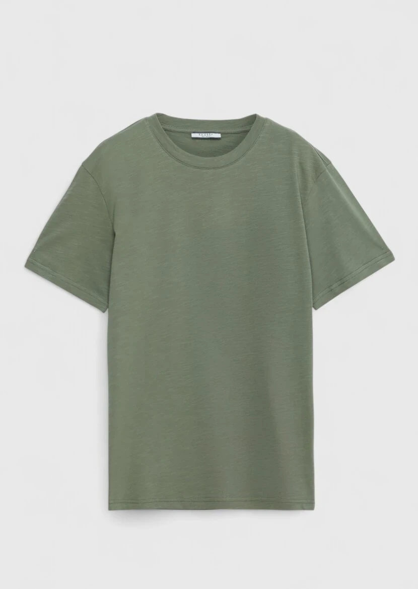 Haki Düz Bisiklet Yaka %100 Pamuk T-Shirt 