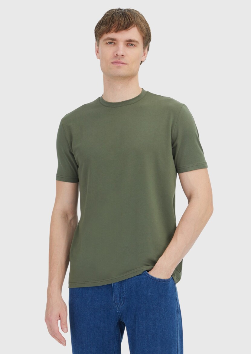 Haki Düz Bisiklet Yaka Pamuk Karışımlı T-Shirt - RAMSEY