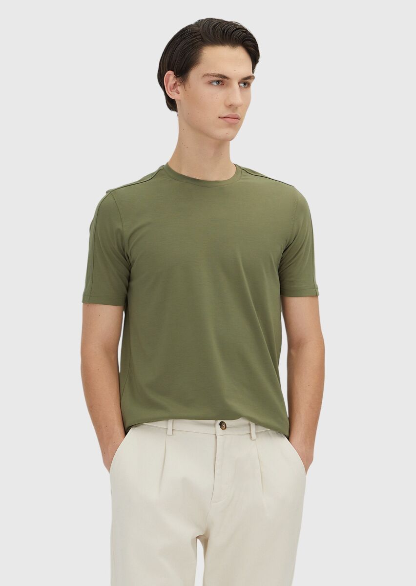Haki Düz Bisiklet Yaka T-Shirt - 2