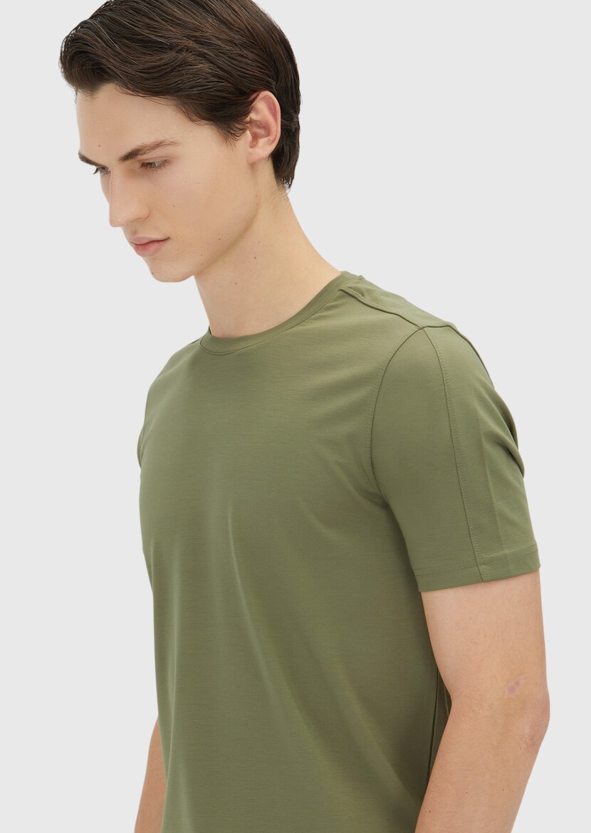 Haki Düz Bisiklet Yaka T-Shirt - 3