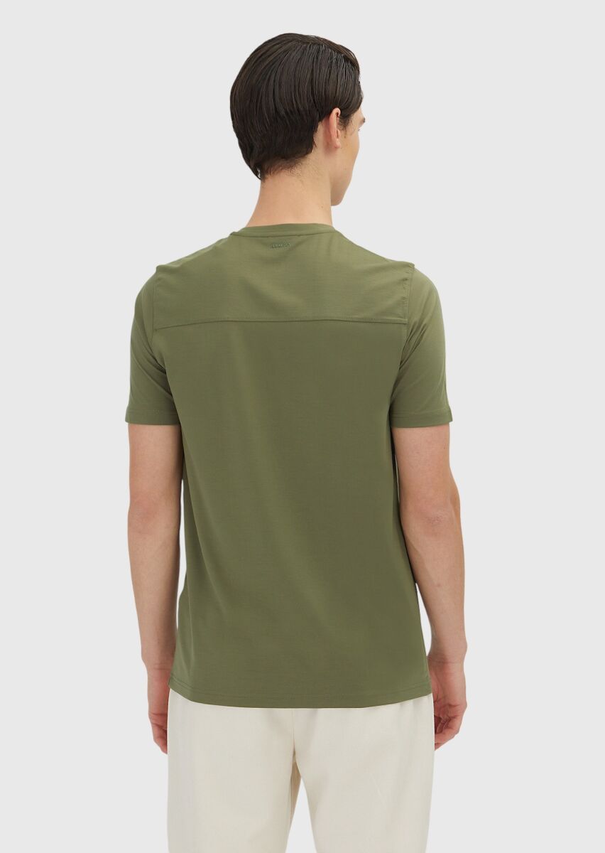 Haki Düz Bisiklet Yaka T-Shirt - 4