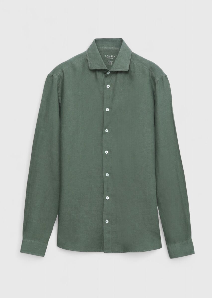 Haki Düz Casual Fit Dokuma Casual %100 Keten Gömlek - 1