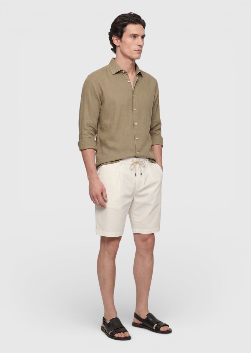 Haki Düz Casual Fit Dokuma Casual %100 Pamuk Gömlek - 4