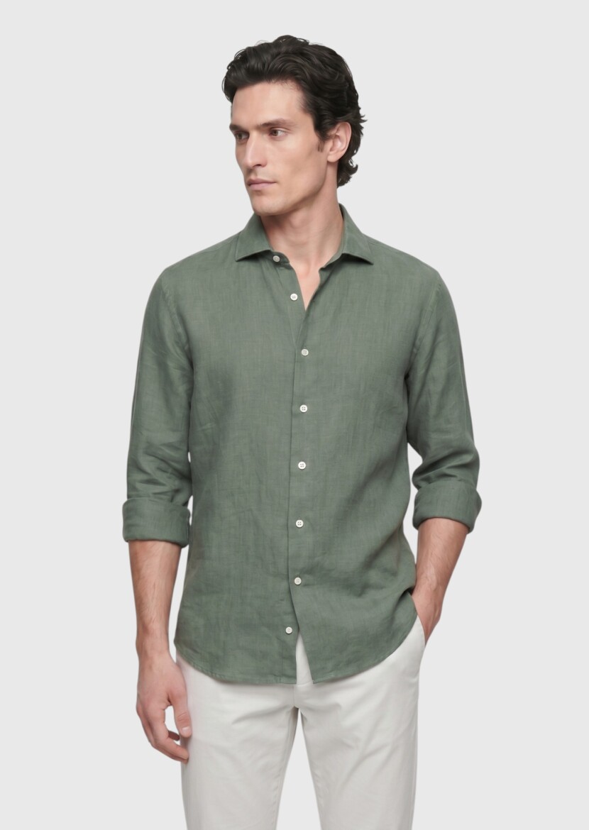 Haki Düz Casual Fit Uzun Dokuma Casual %100 Keten Gömlek - 1