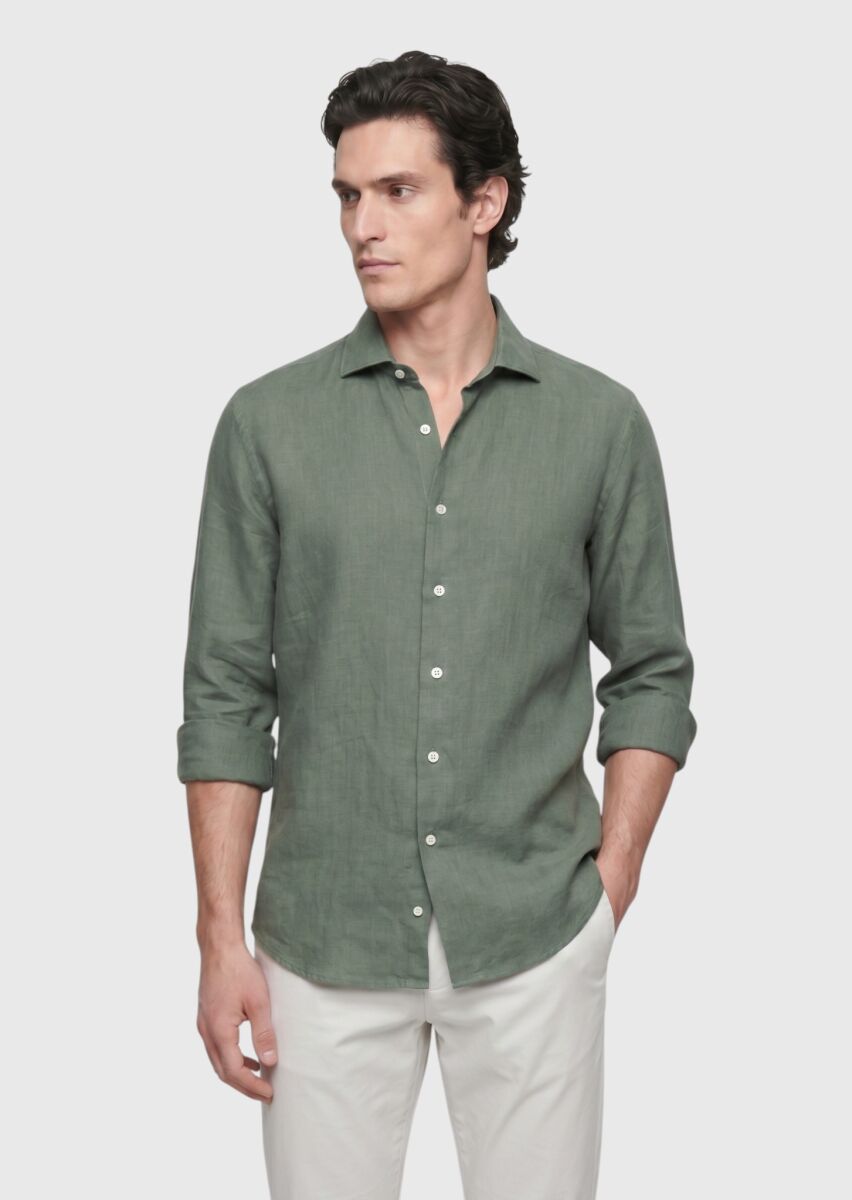 Haki Düz Casual Fit Uzun Dokuma Casual %100 Keten Gömlek - 1