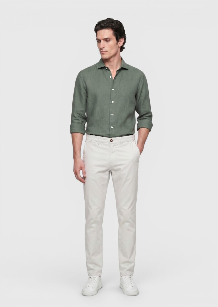 Haki Düz Casual Fit Uzun Dokuma Casual %100 Keten Gömlek - 3