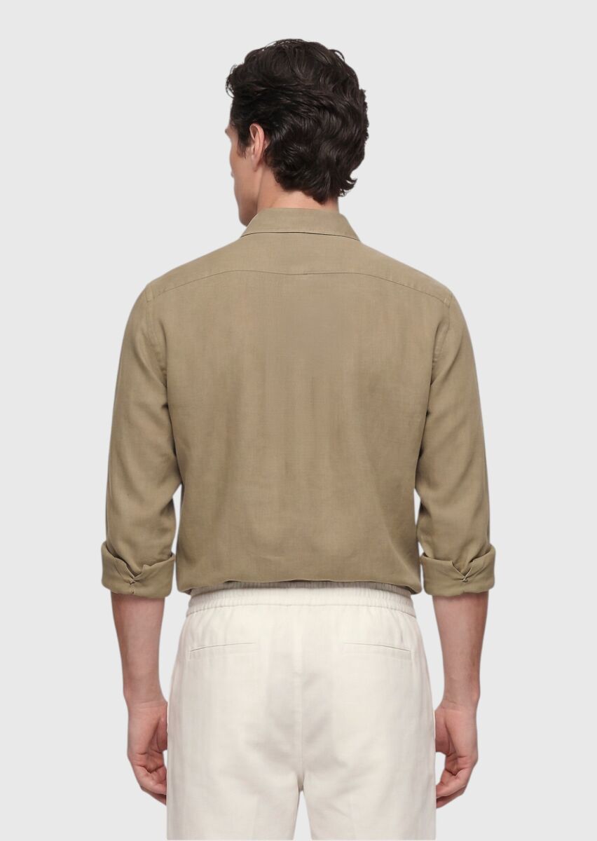 Haki Düz Casual Fit Uzun Dokuma Casual %100 Pamuk Gömlek - 5