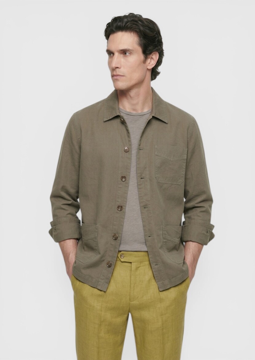 Haki Düz Casual Fit Uzun Dokuma Keten Karışımlı Overshırt - 3