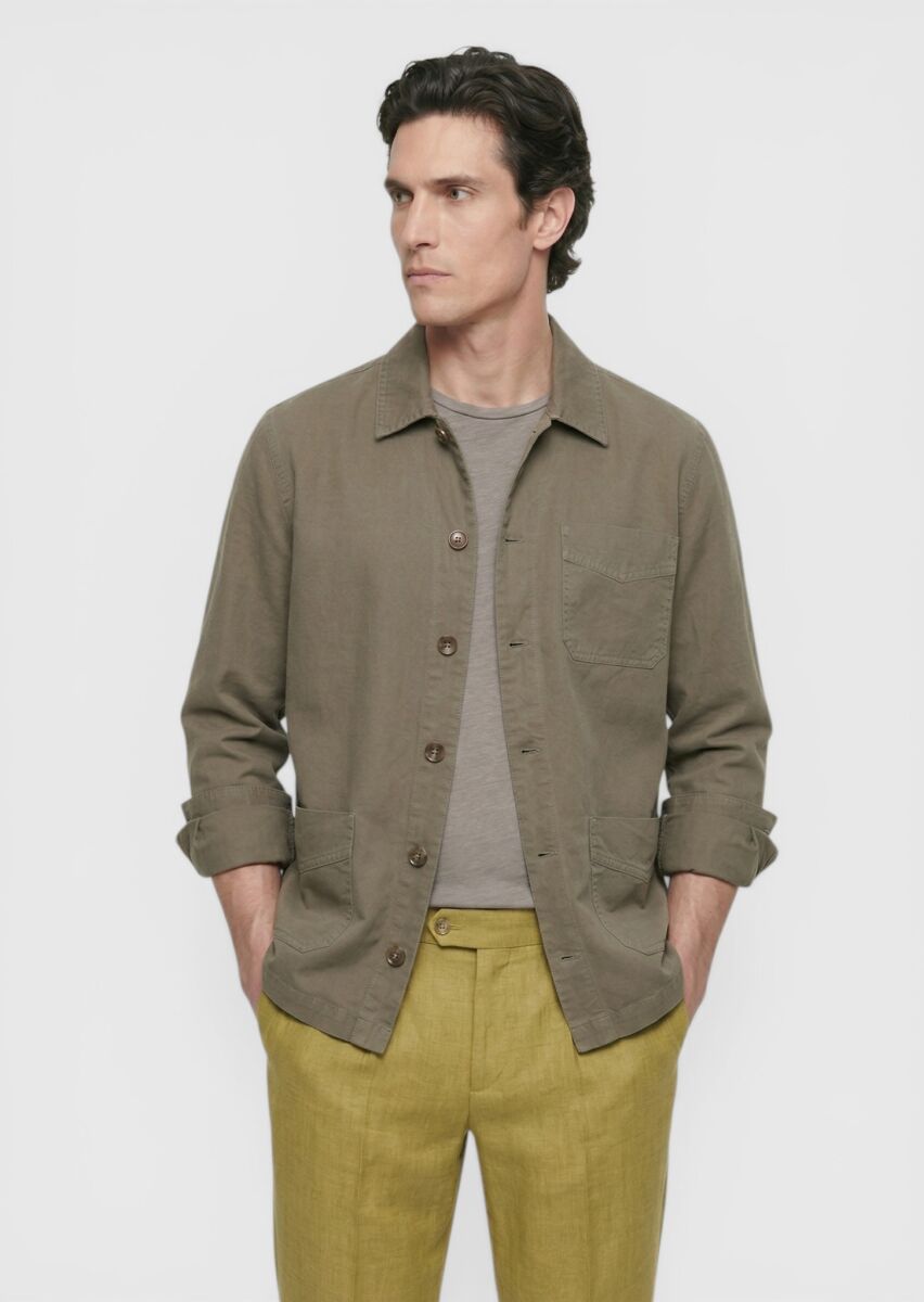 Haki Düz Casual Fit Uzun Dokuma Keten Karışımlı Overshırt - 3