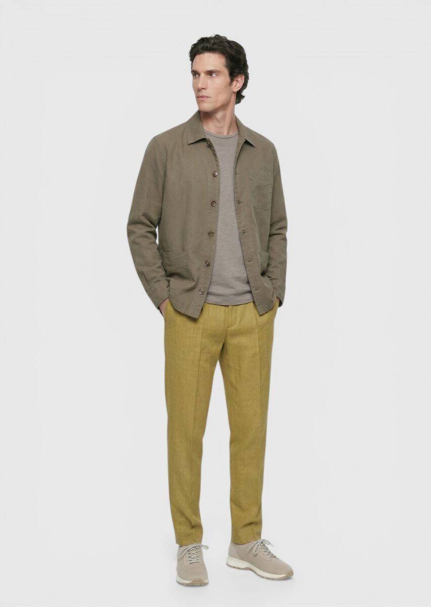 Haki Düz Casual Fit Uzun Dokuma Keten Karışımlı Overshırt - 4