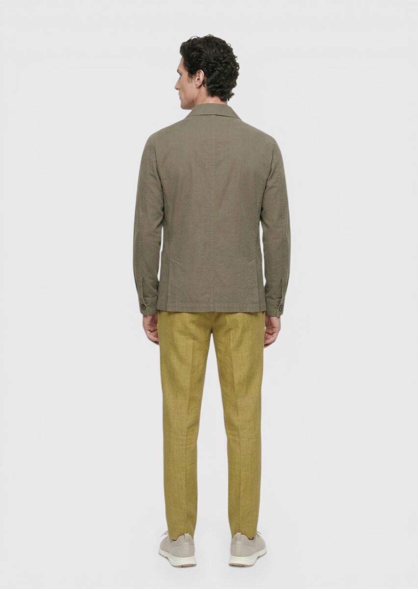 Haki Düz Casual Fit Uzun Dokuma Keten Karışımlı Overshırt - 5
