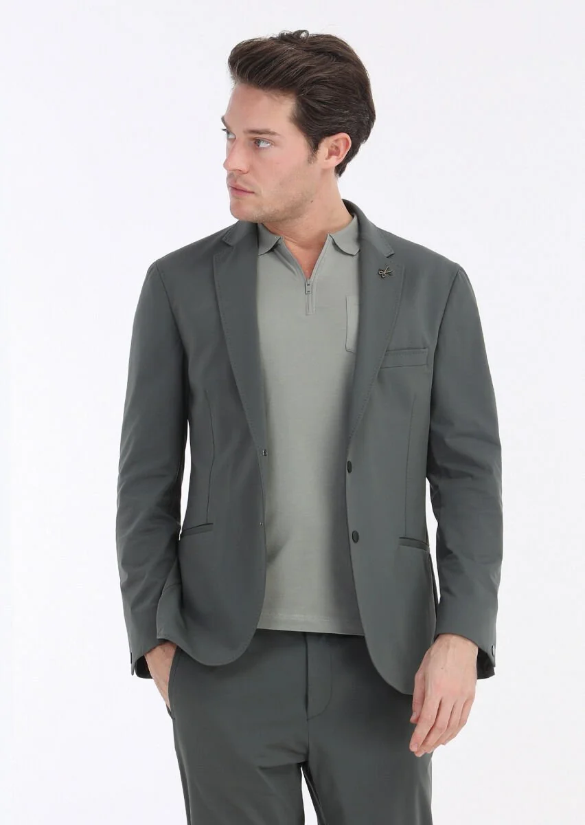 Haki Düz Comfort Fit Örme Takım Elbise - 2