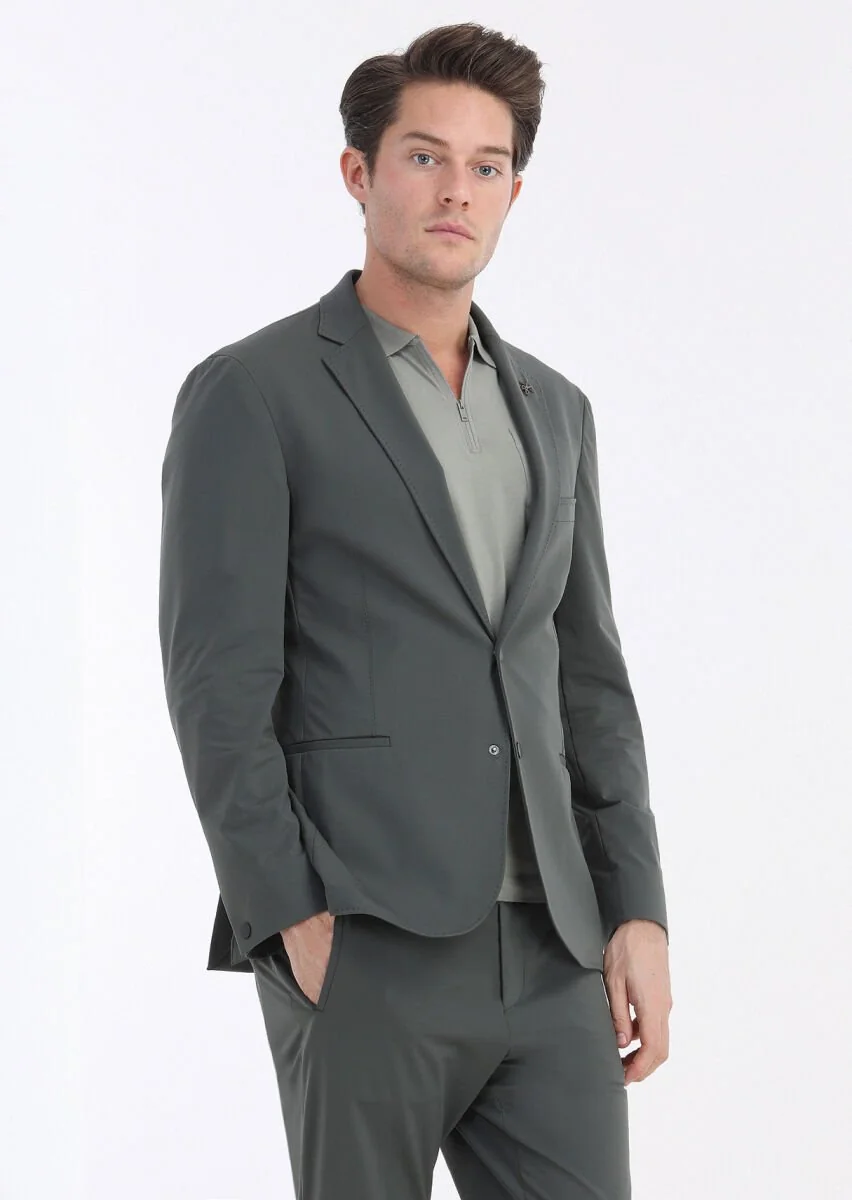 Haki Düz Comfort Fit Örme Takım Elbise - 3