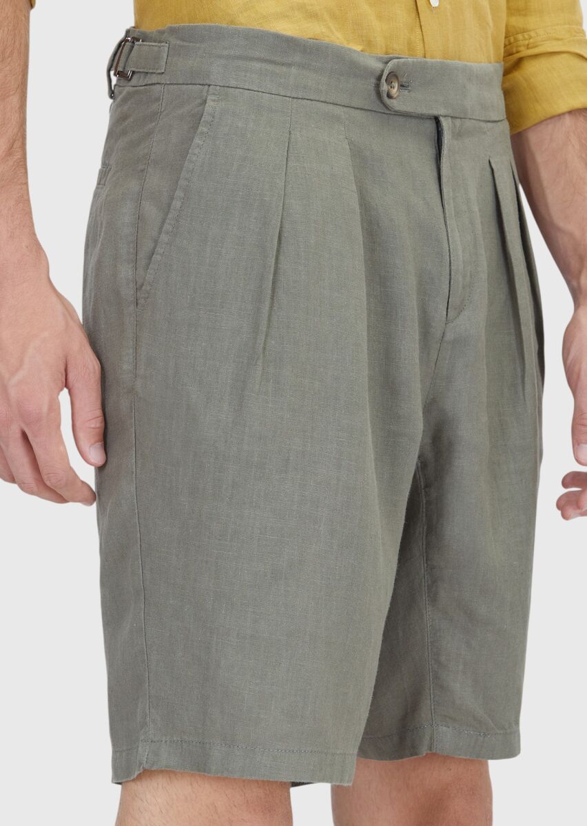 Haki Düz Dokuma Carrot Fit Casual %100 Keten Bermuda - 3