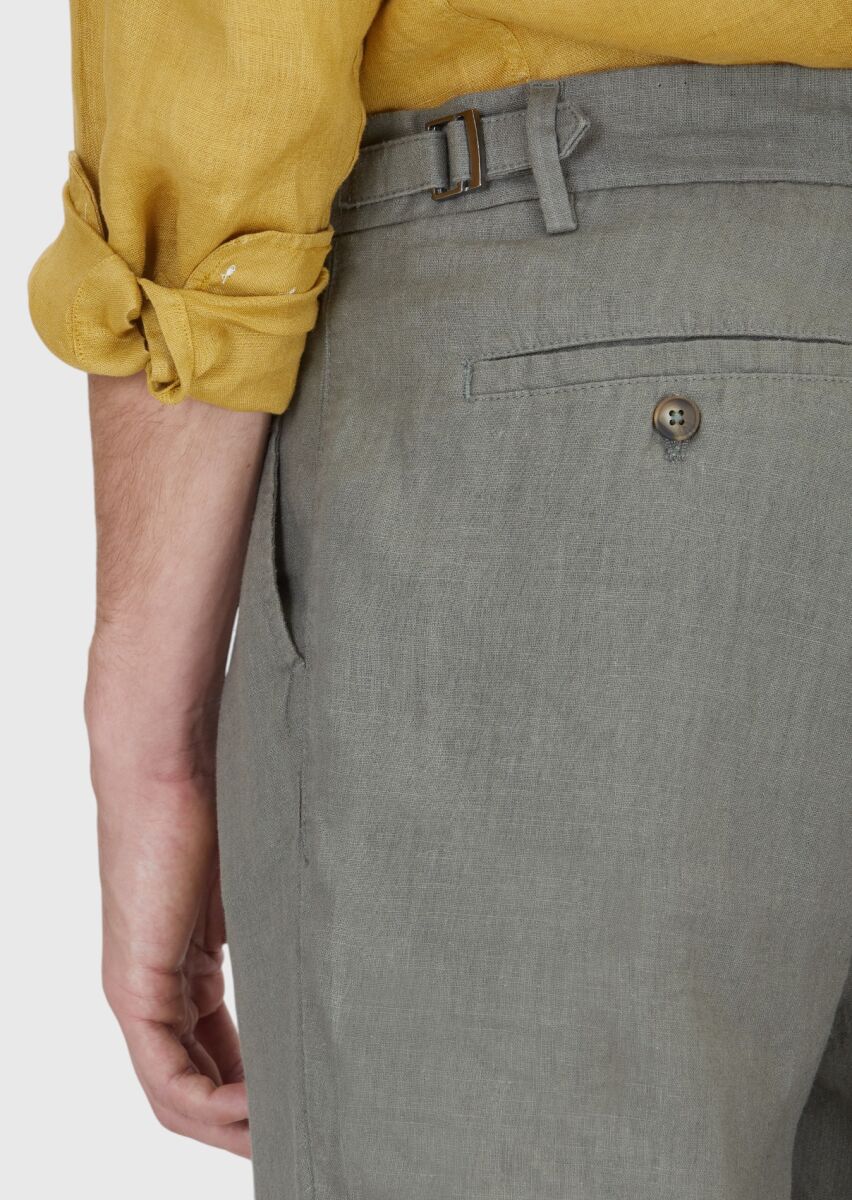 Haki Düz Dokuma Carrot Fit Casual %100 Keten Bermuda - 4