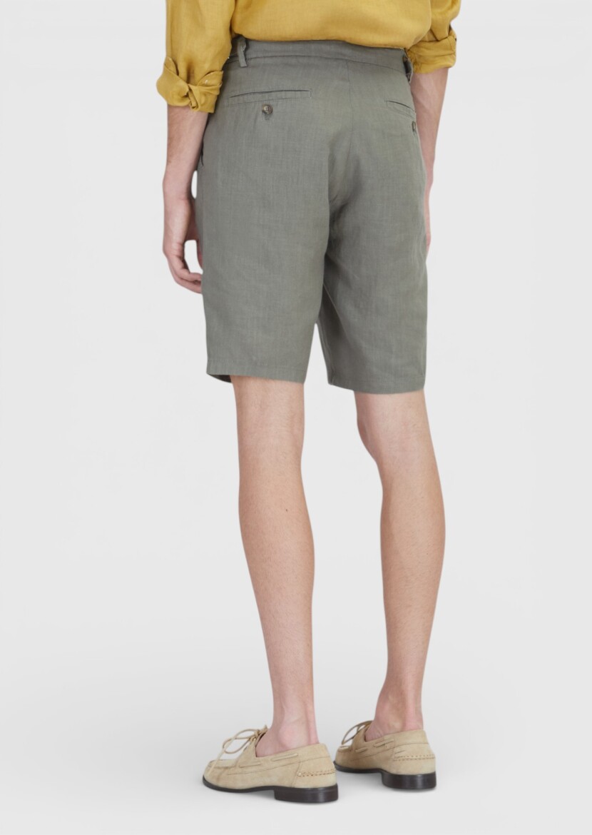 Haki Düz Dokuma Carrot Fit Casual %100 Keten Bermuda - 5