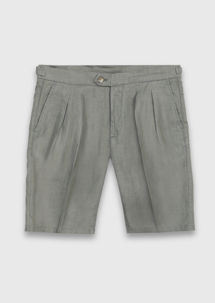 Haki Düz Dokuma Carrot Fit Casual %100 Keten Bermuda - 6