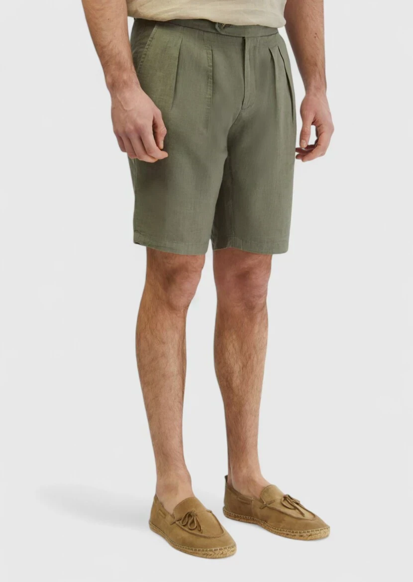 Haki Düz Dokuma Carrot Fit Casual %100 Keten Bermuda - 3