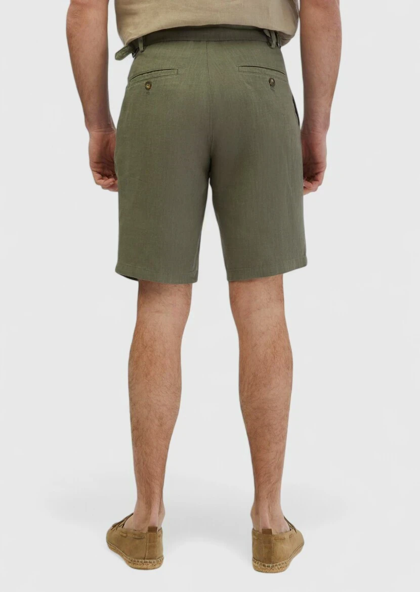 Haki Düz Dokuma Carrot Fit Casual %100 Keten Bermuda - 6
