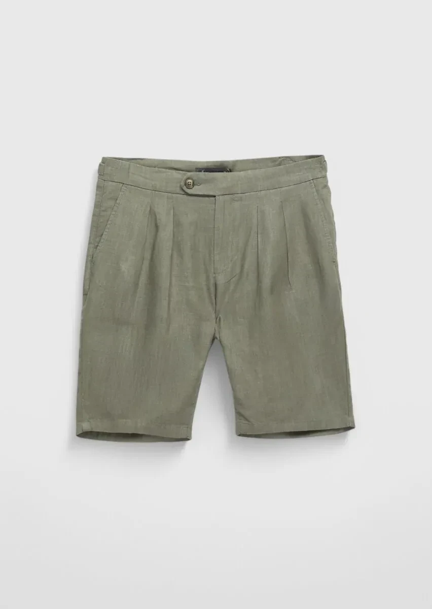 Haki Düz Dokuma Carrot Fit Casual %100 Keten Bermuda - 7