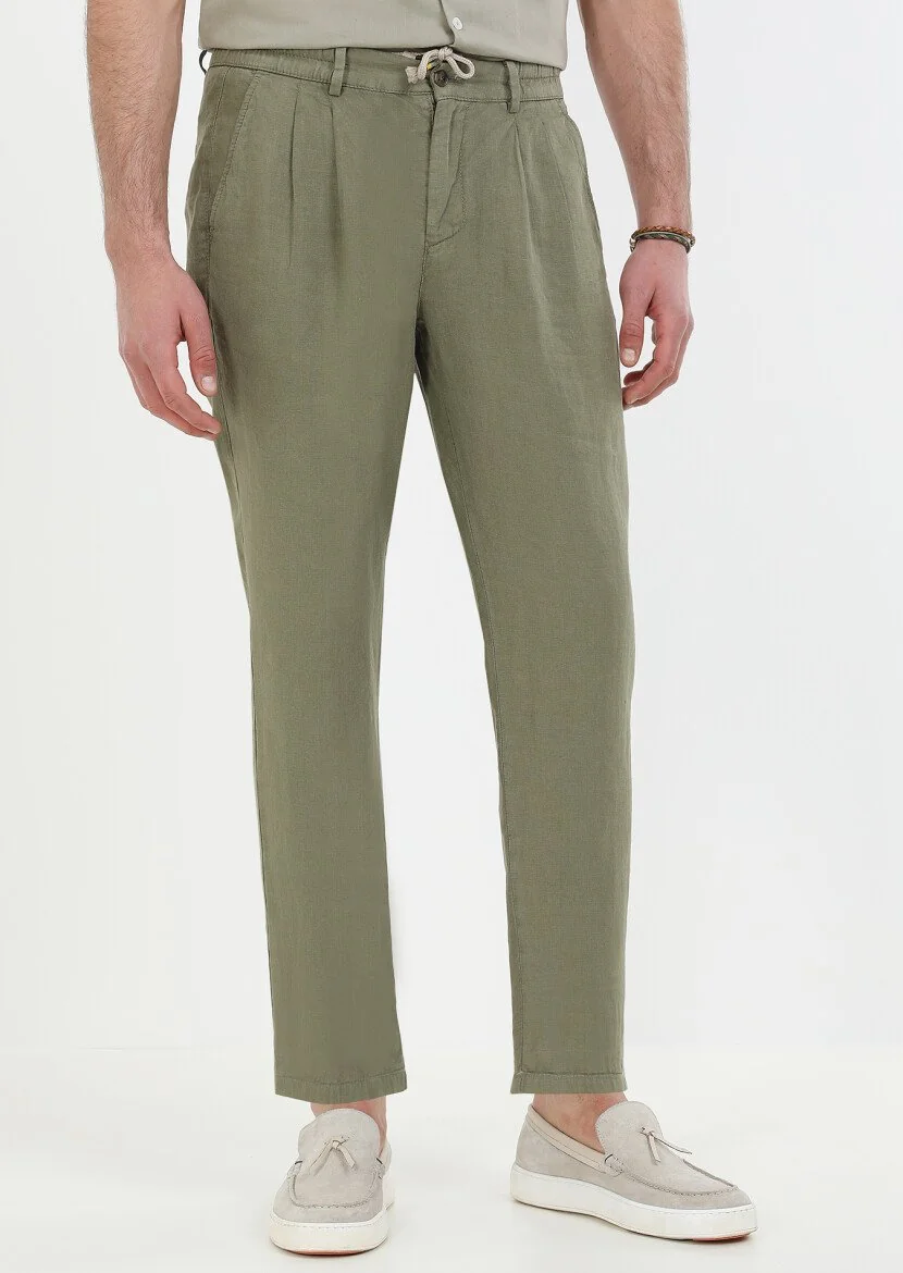 Haki Düz Dokuma Casual %100 Keten Pantolon - 1