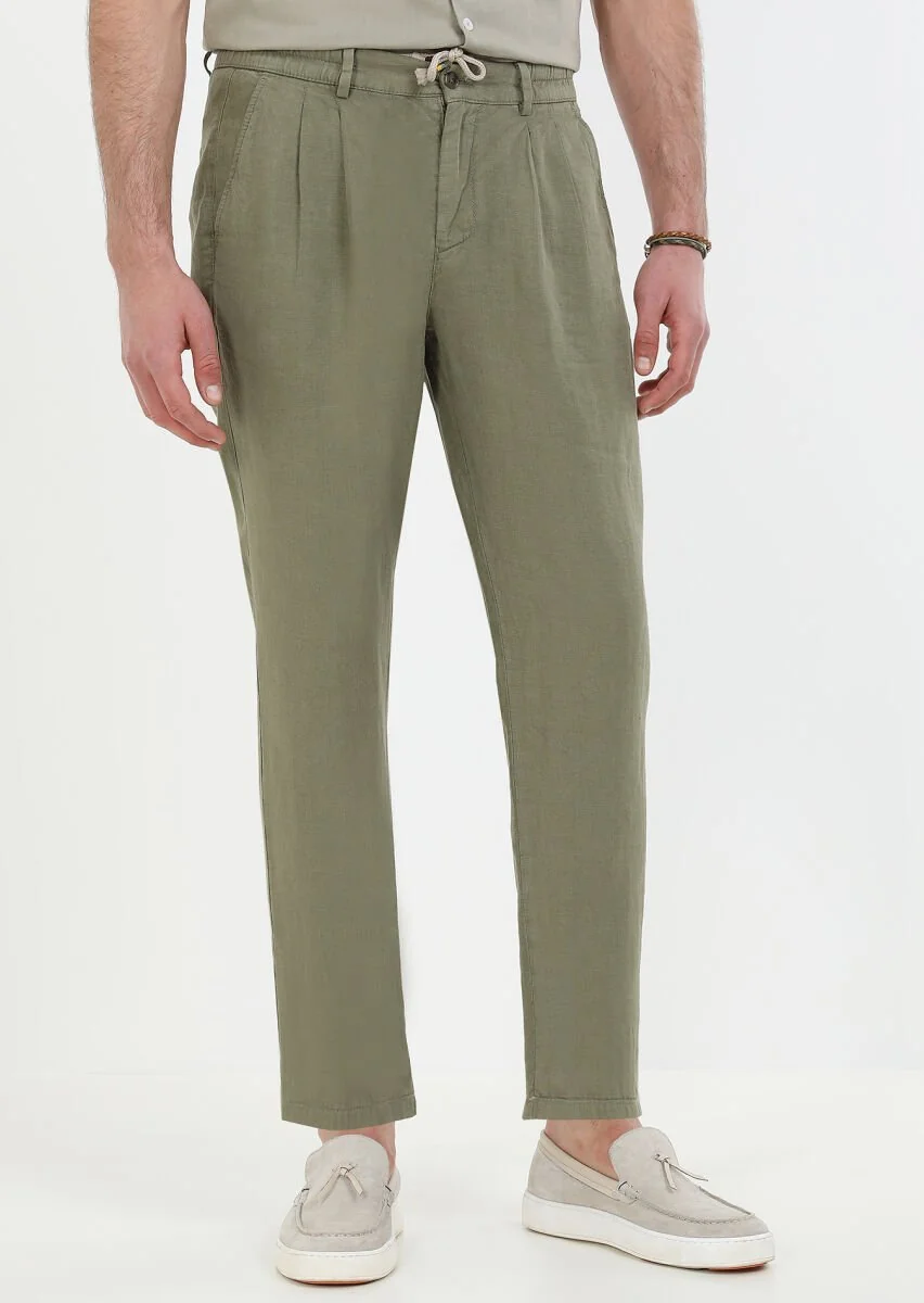 Haki Düz Dokuma Casual %100 Keten Pantolon - 1