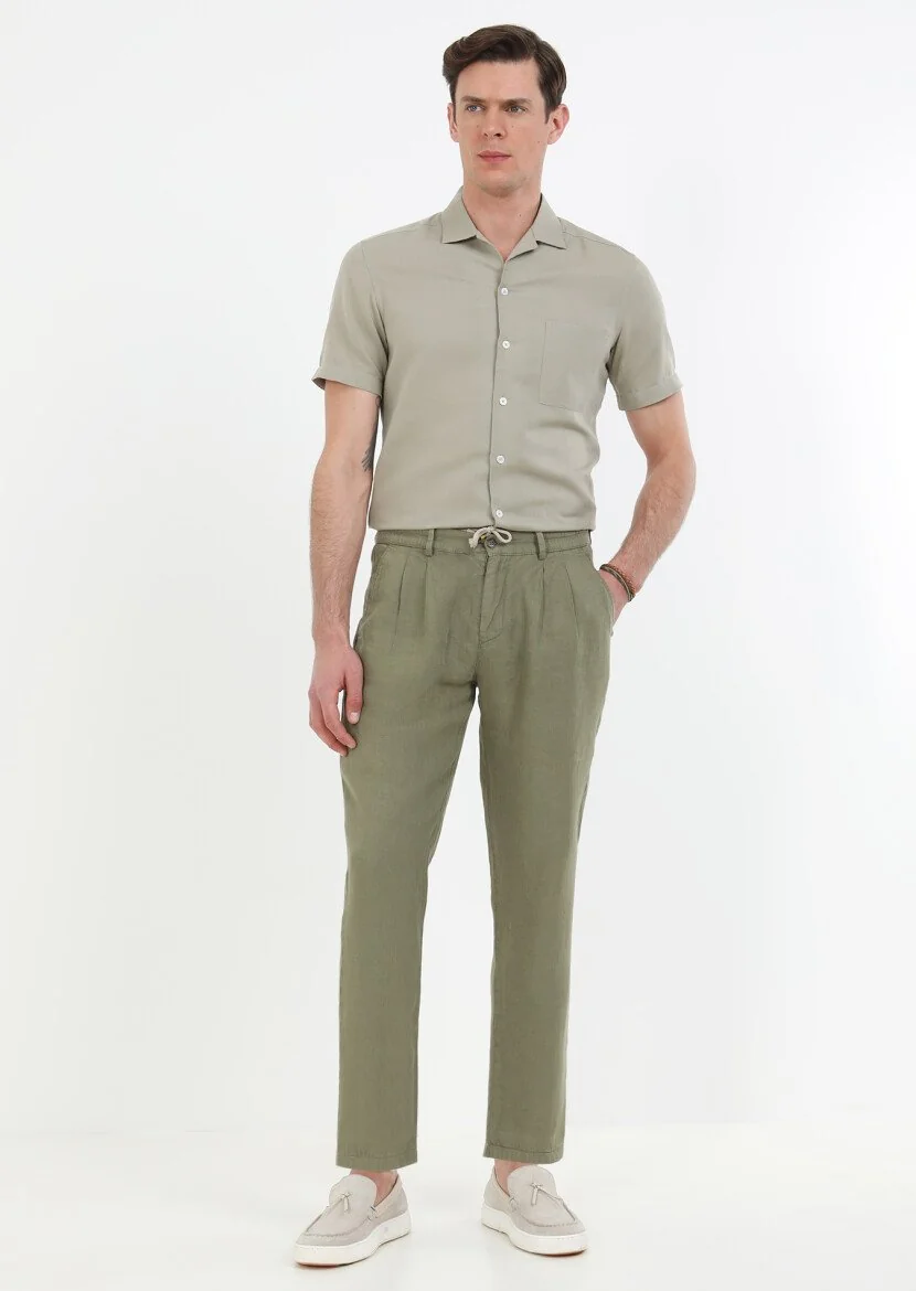 Haki Düz Dokuma Casual %100 Keten Pantolon - 2