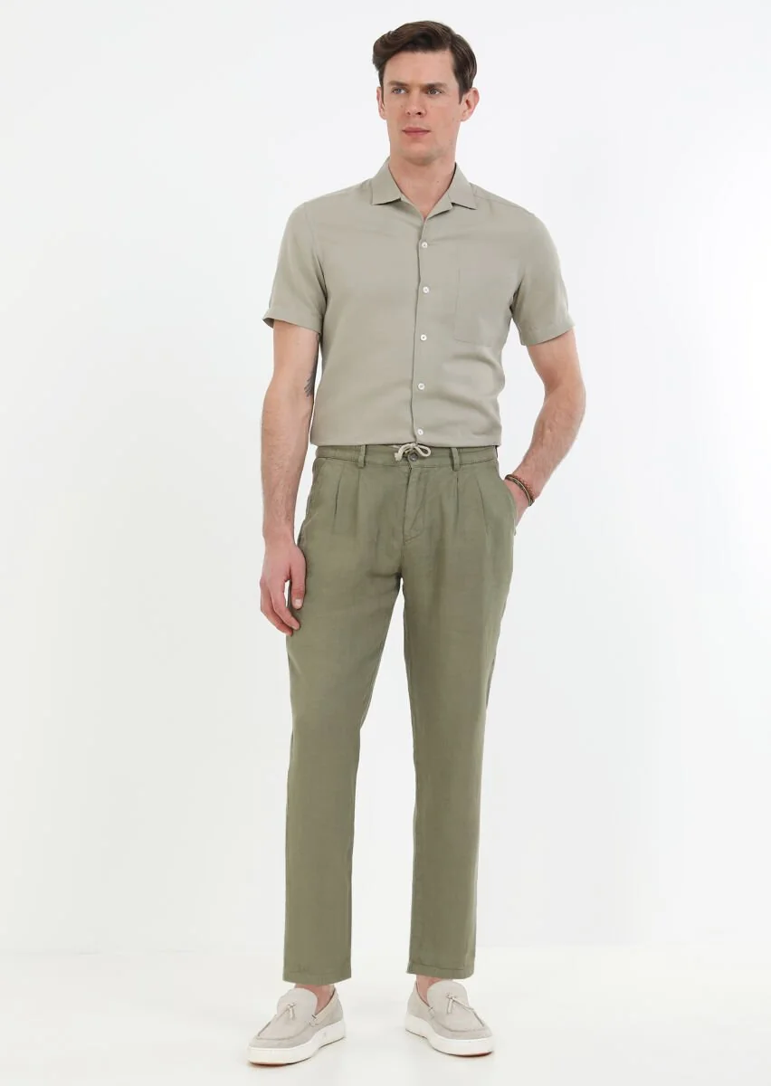 Haki Düz Dokuma Casual %100 Keten Pantolon - 2