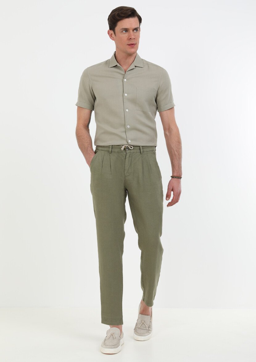 Haki Düz Dokuma Casual %100 Keten Pantolon - 3