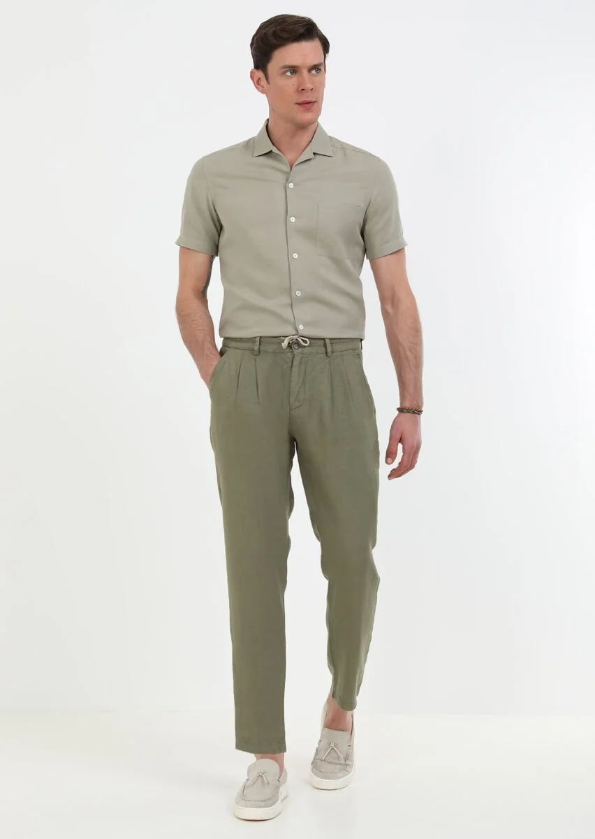Haki Düz Dokuma Casual %100 Keten Pantolon - 3