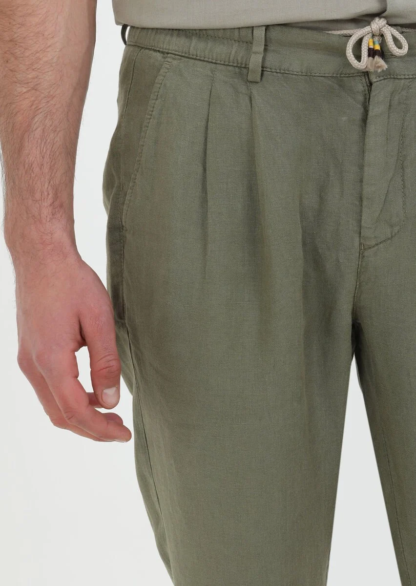 Haki Düz Dokuma Casual %100 Keten Pantolon - 4