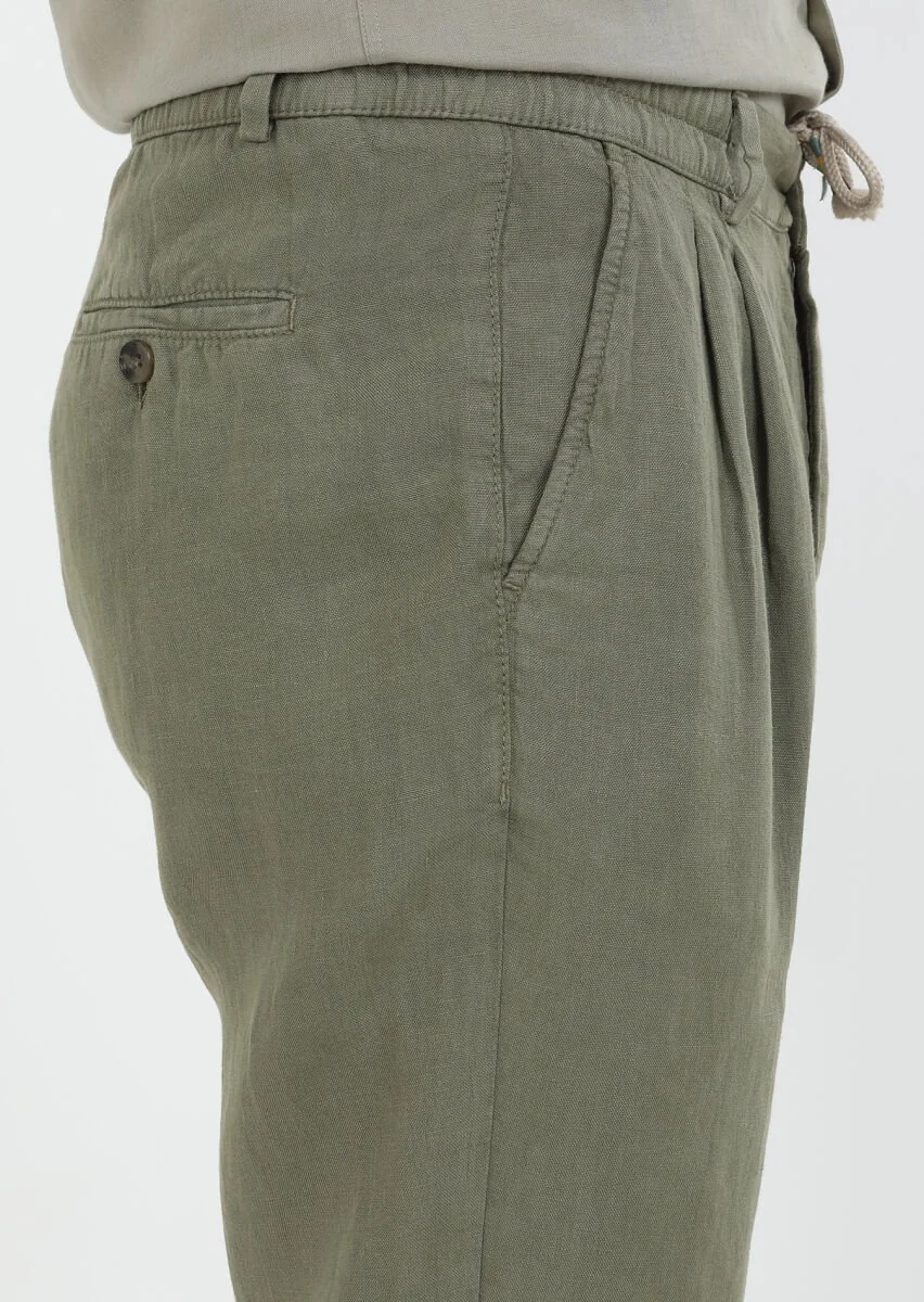 Haki Düz Dokuma Casual %100 Keten Pantolon - 5