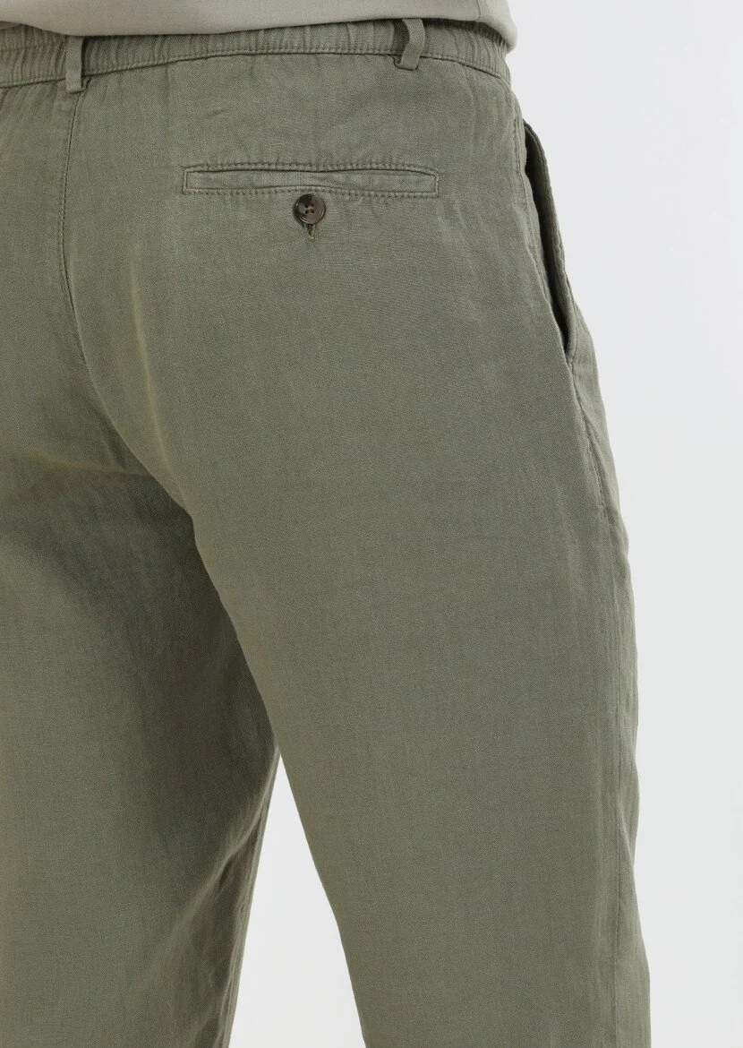 Haki Düz Dokuma Casual %100 Keten Pantolon - 6