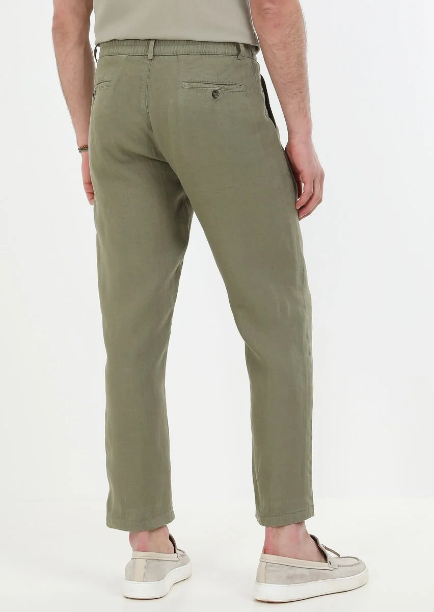 Haki Düz Dokuma Casual %100 Keten Pantolon - 7