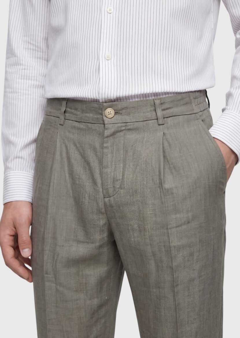 Haki Düz Dokuma Jogging Fit Casual %100 Keten Pantolon - 3