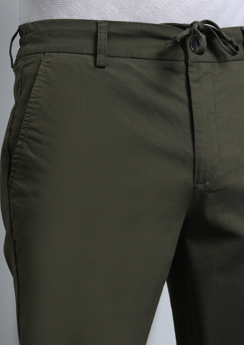 Haki Düz Dokuma Jogging Fit Casual Pamuk Karışımlı Pantolon 