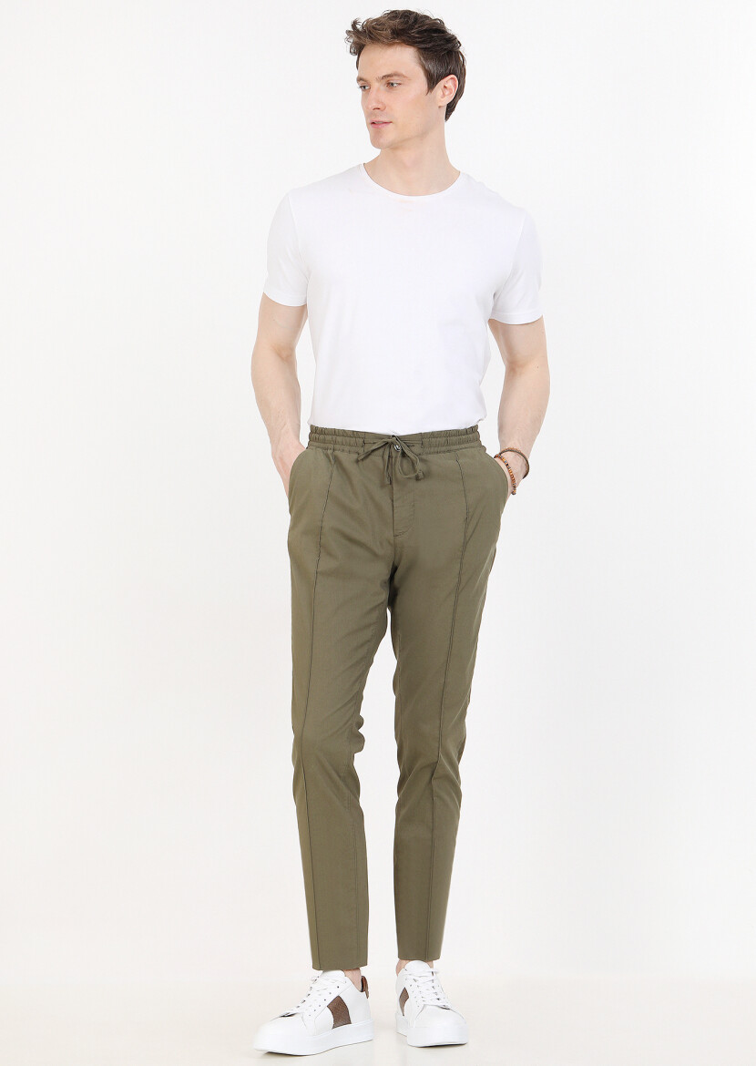 Haki Düz Dokuma Jogging Fit Casual Pamuk Karışımlı Pantolon - 1