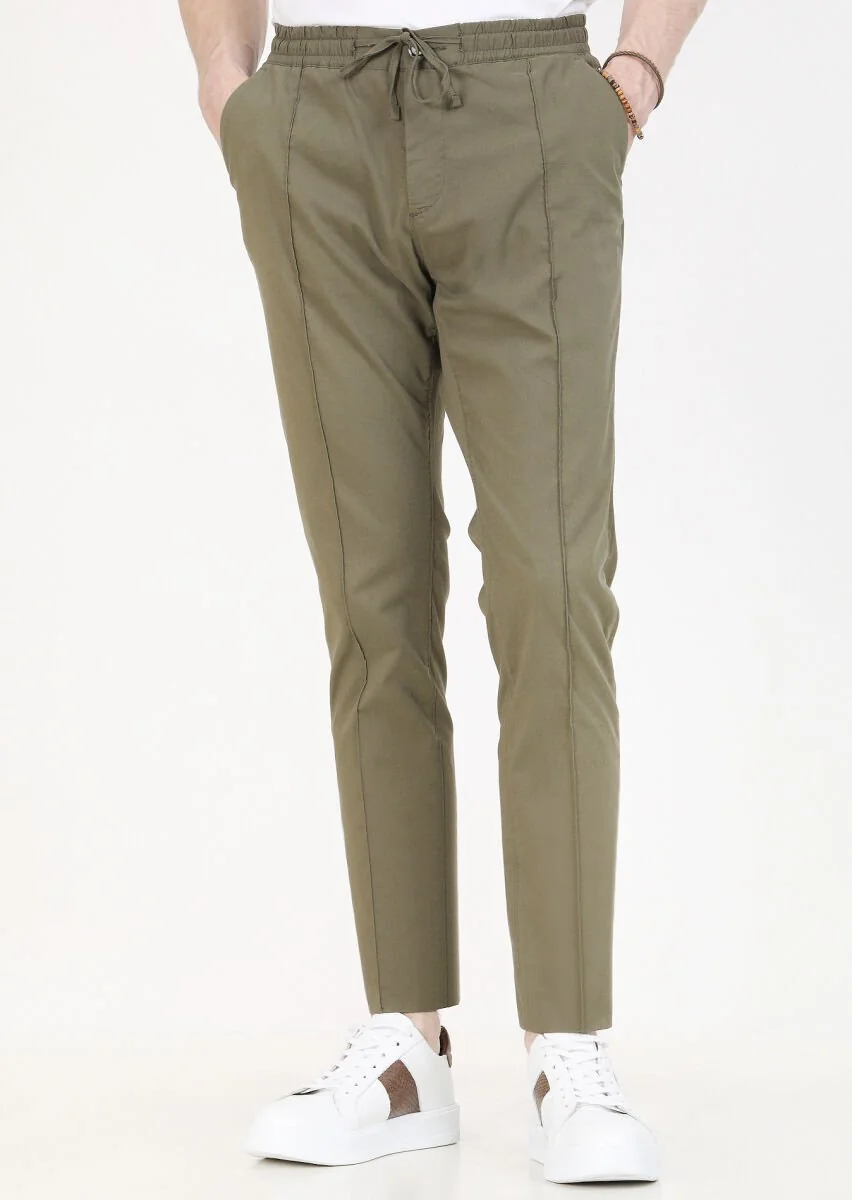 Haki Düz Dokuma Jogging Fit Casual Pamuk Karışımlı Pantolon - 2