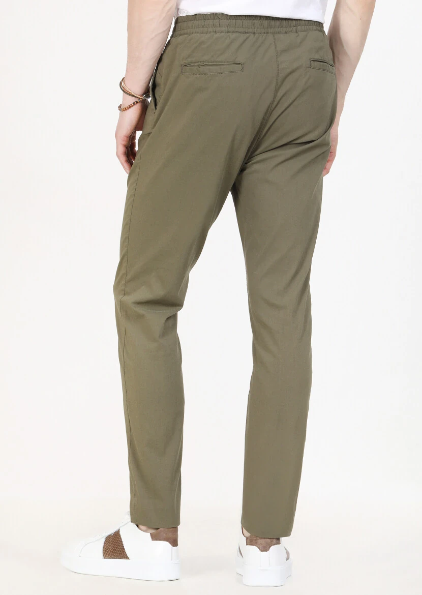 Haki Düz Dokuma Jogging Fit Casual Pamuk Karışımlı Pantolon - 5