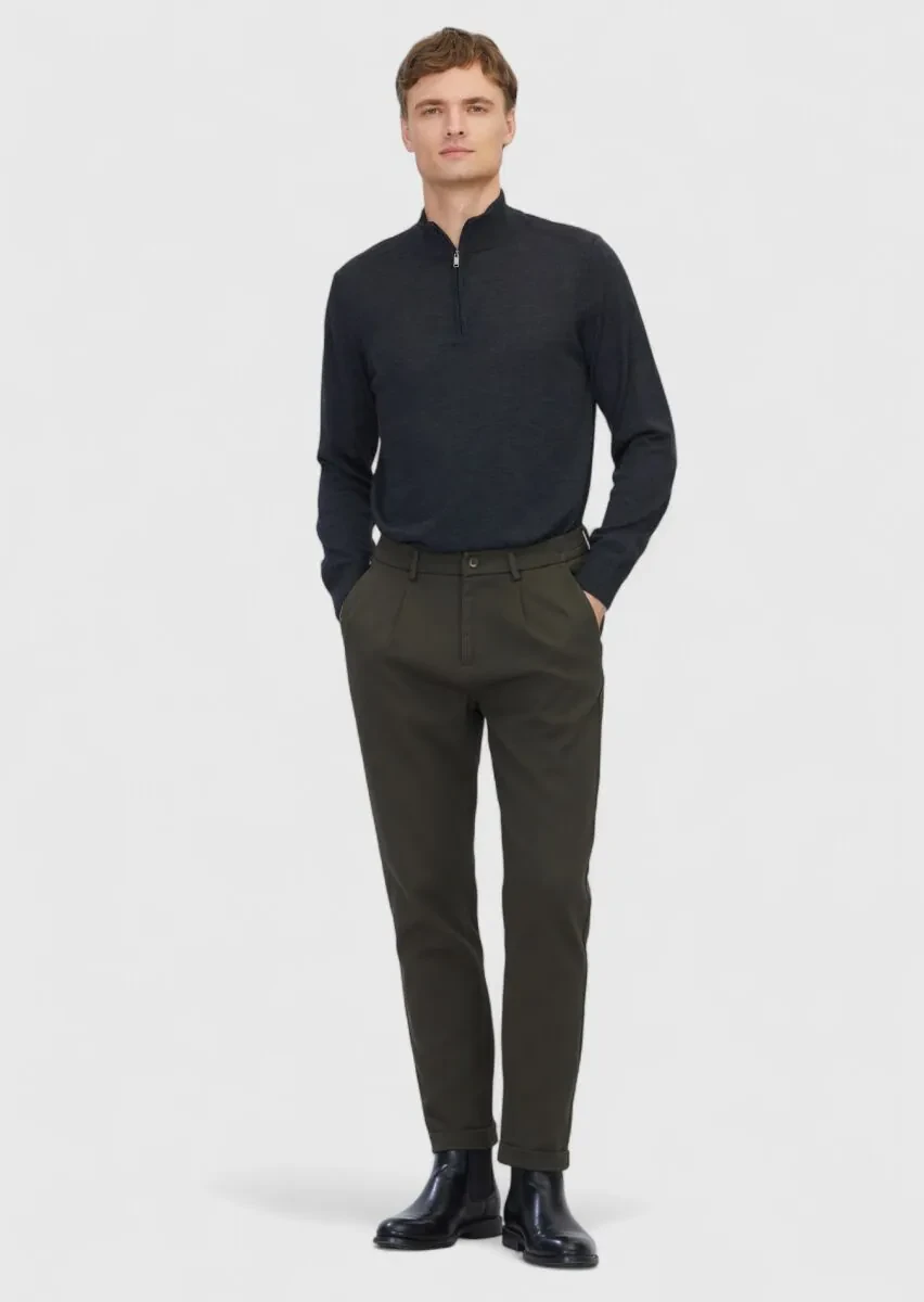 Haki Düz Dokuma Jogging Fit Casual Pamuk Karışımlı Pantolon - 1