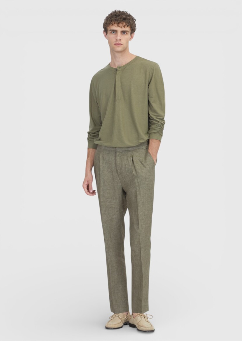 Haki Düz Dokuma Regular Fit Casual %100 Keten Pantolon - RAMSEY