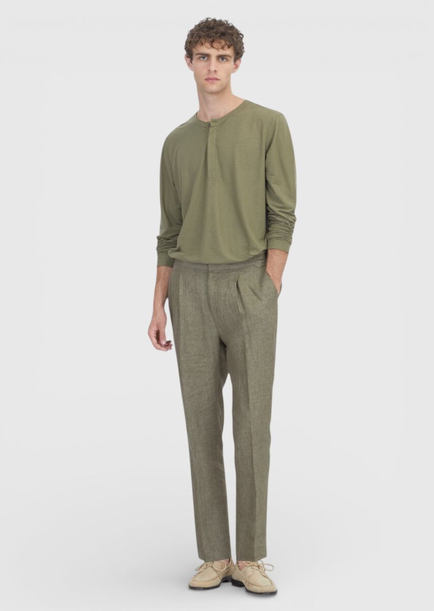 Haki Düz Dokuma Regular Fit Casual %100 Keten Pantolon - 1