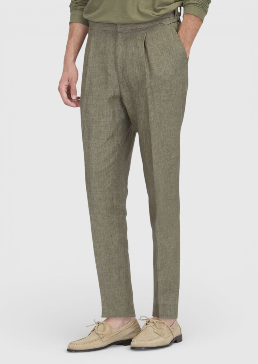 Haki Düz Dokuma Regular Fit Casual %100 Keten Pantolon - 2