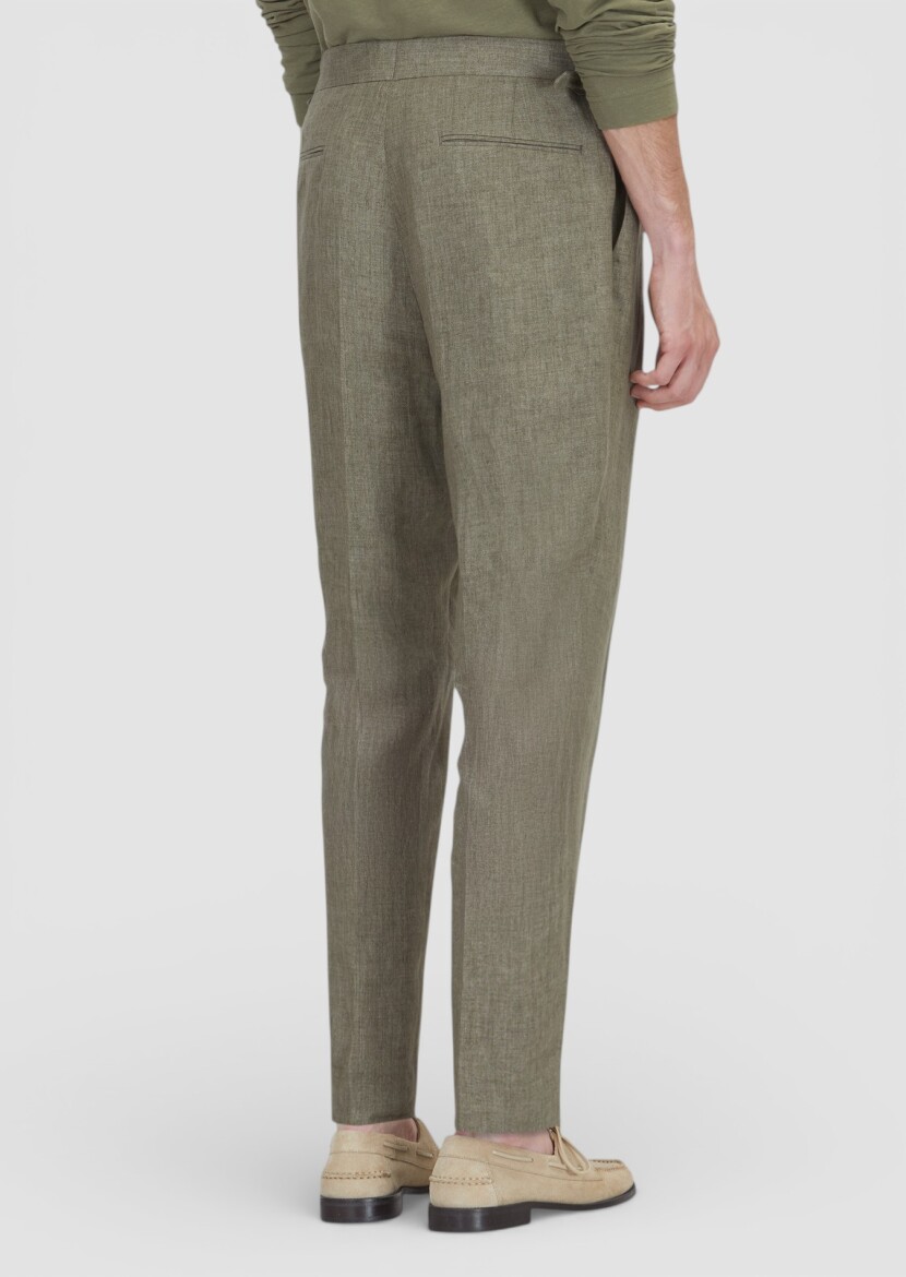 Haki Düz Dokuma Regular Fit Casual %100 Keten Pantolon - 4