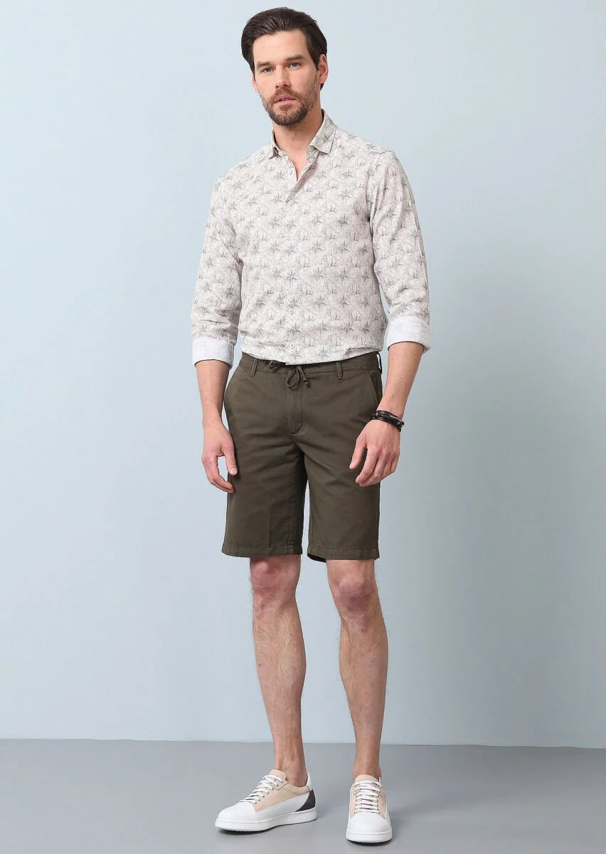 Haki Düz Dokuma Regular Fit Casual Pamuk Karışımlı Bermuda - 2