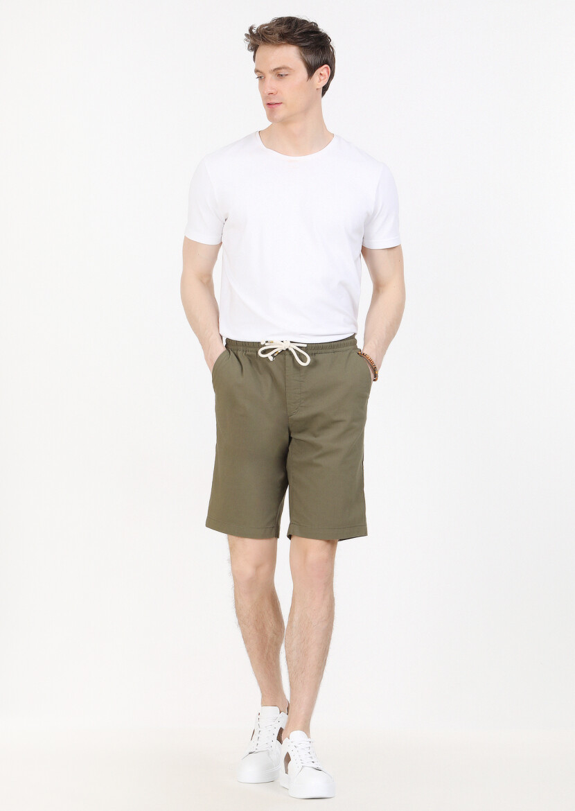 Haki Düz Dokuma Regular Fit Casual Pamuk Karışımlı Bermuda - 1