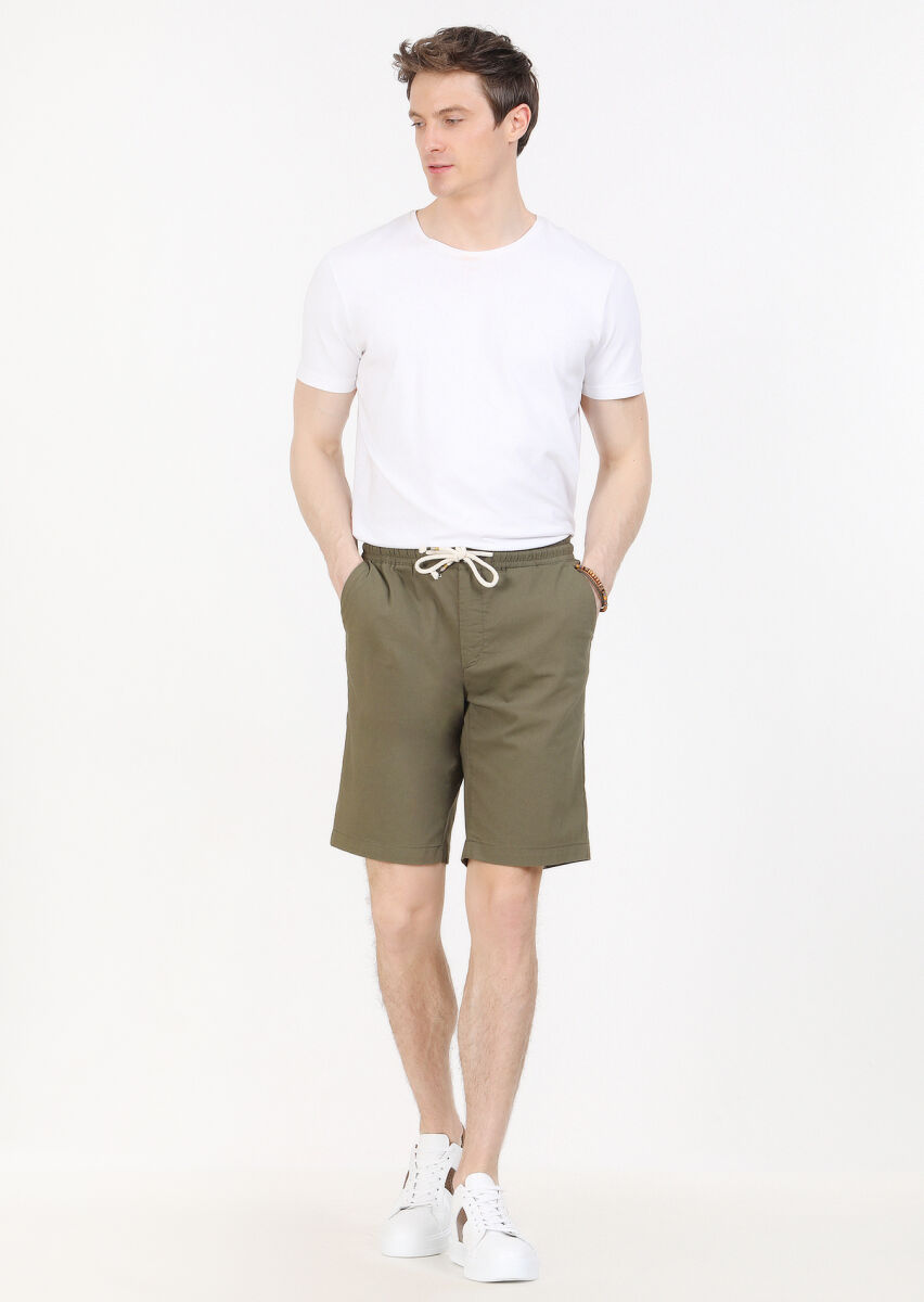 Haki Düz Dokuma Regular Fit Casual Pamuk Karışımlı Bermuda - 1