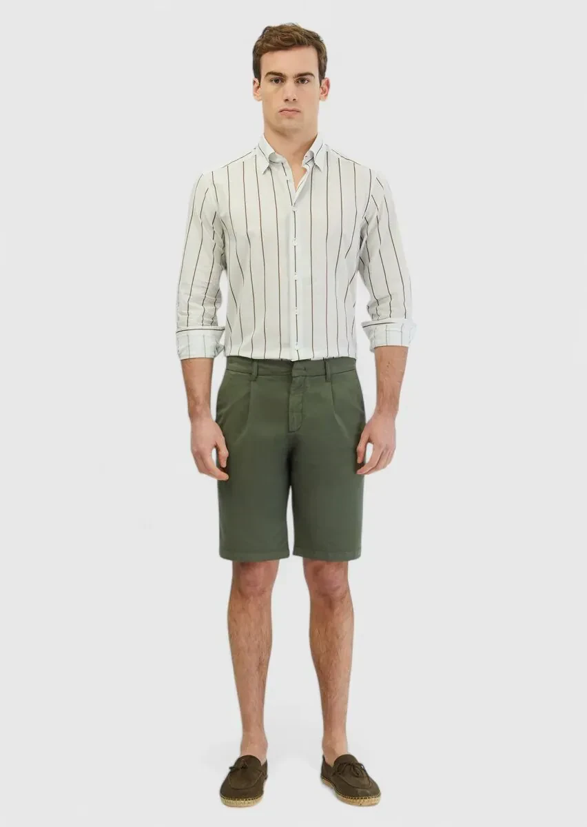 Haki Düz Dokuma Regular Fit Casual Pamuk Karışımlı Bermuda - 1
